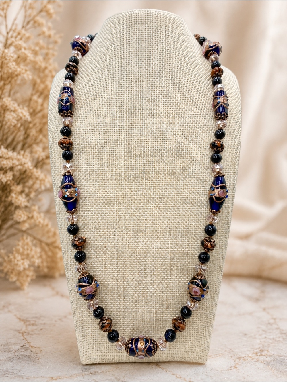 Artisan Hand Knotted Wedding Cake Lampwork Crystal Goldstone Necklace 24” Copper
